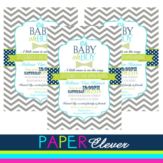 OH BOY baby shower invitation, bowtie, navy, lime, aqua - digital, printable file #127 Il_570xn