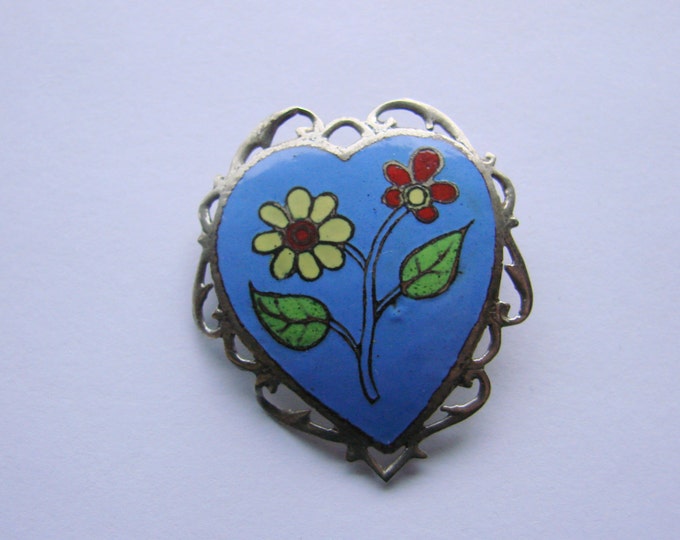 Vintage Siam Sterling Blue Enamel Niello Brooch / Heart Motif / Floral / Jewellery / Jewelry / Jewellery