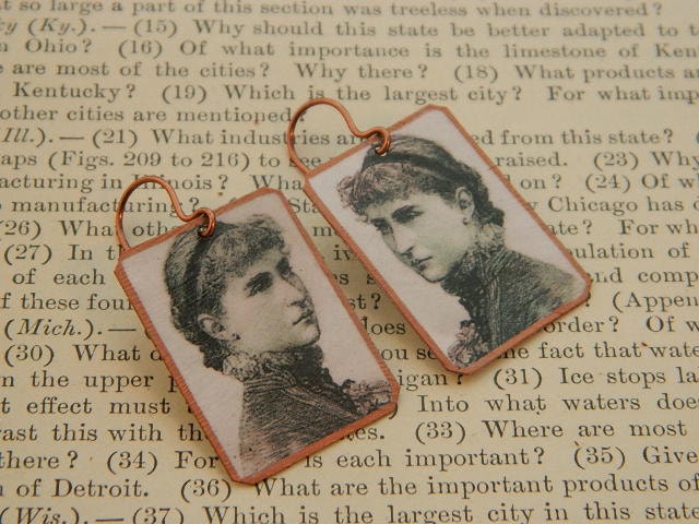 Steampunk earrings Victorian Lady illustration earrings mixed media jewelry