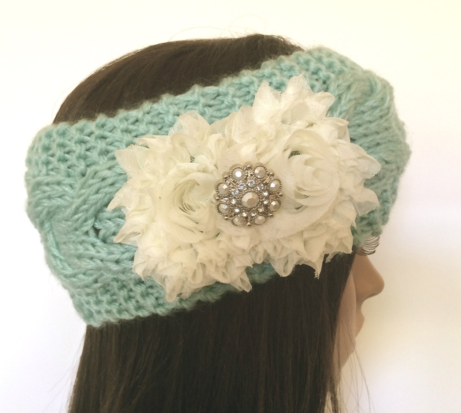 Mint Green Cable Knit Ear Warmer Headband Head Wrap Winter
