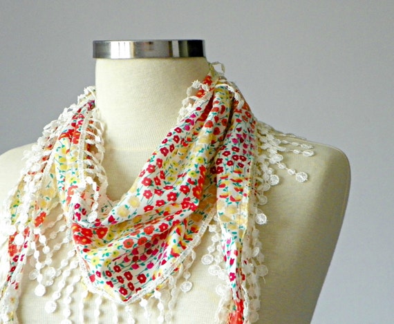 Pink Scarf, scarf with lace edge, chunky scarves, summer spring flowers, women's fashion scarf