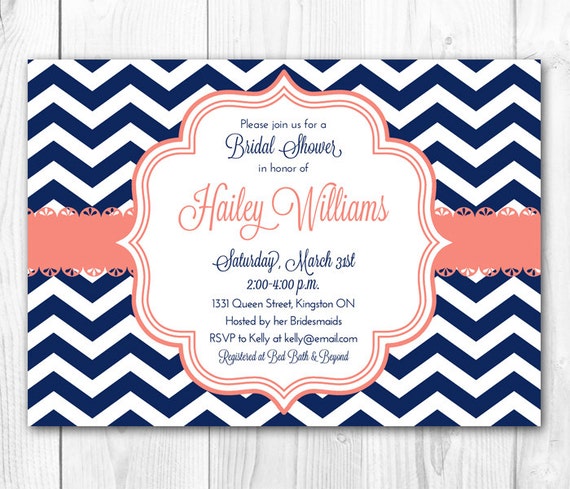 Bridal Shower Invitation - Chic Chevron in Coral & Navy. DIY Printable Bridal Shower Invite or Baby Shower Invite. Il_570xn