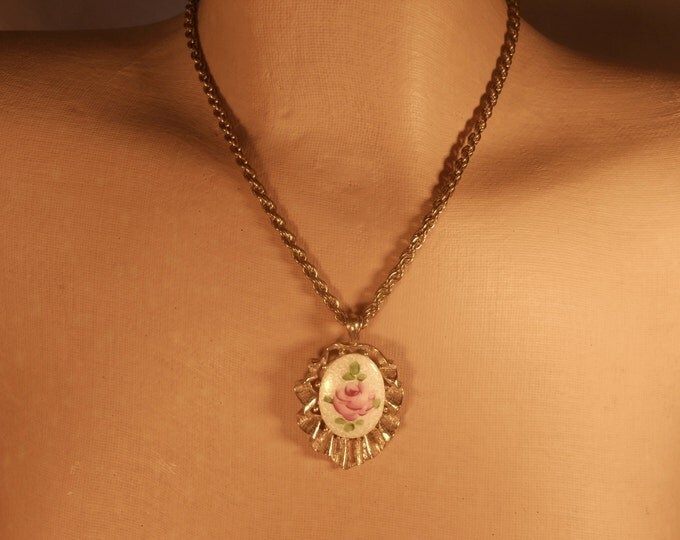 FREE SHIPPING Pink Rose Guilloché pendant necklace with gold scalloped fluted border