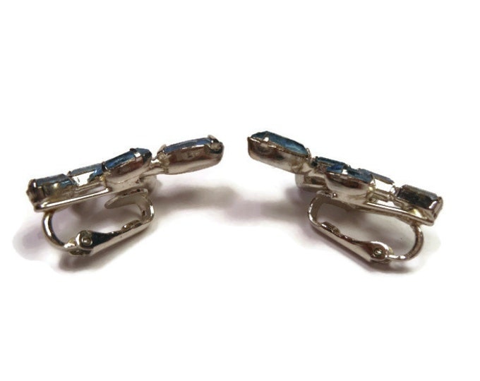 Blue rhinestone earrings, wedding climber earrings, something blue clip mid century modern, silver plated