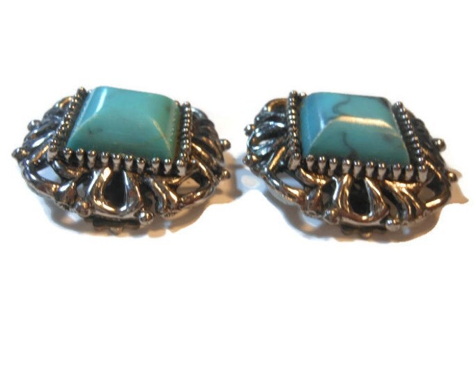 FREE SHIPPING Chunky marbled faux turquoise Thermoset Earrings Victorian Revival