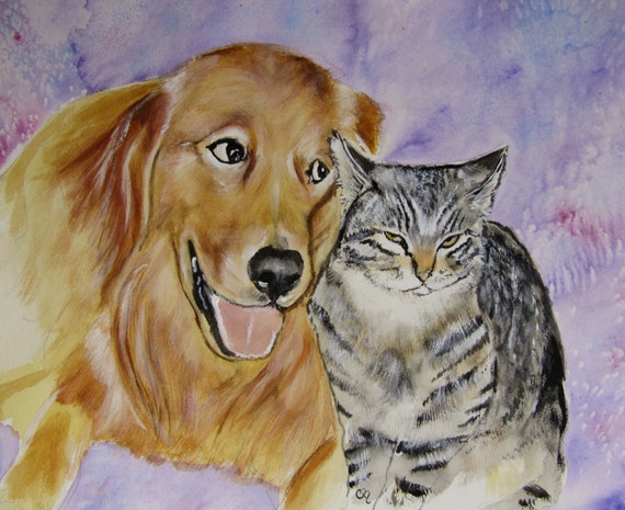 Friends Golden Retriever Tabby Cat Original by PaintedbyCarol