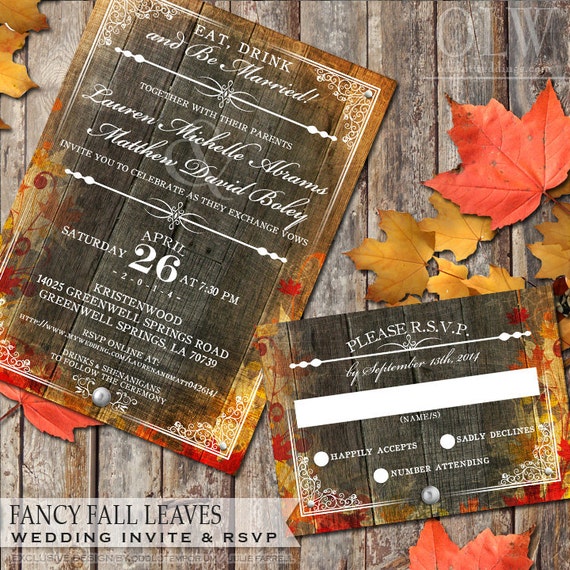 Autumn Fall Leaves Wedding Invitation and RSVP Stationery