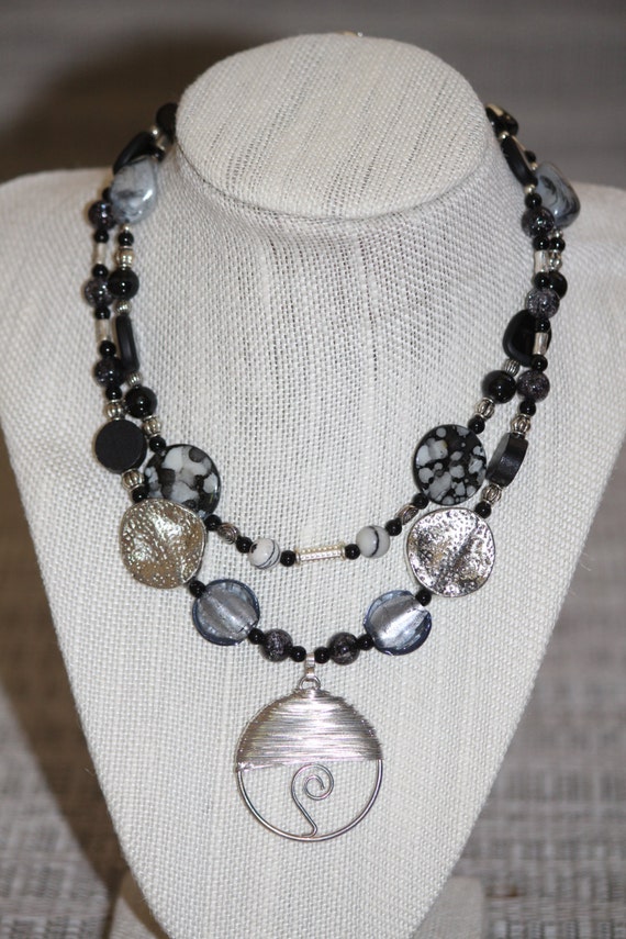 Chunky Silver & Black Beaded Necklace with Large Silver Pendant ...