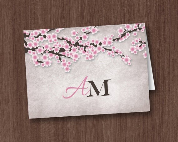 Vintage Cherry Blossom Personalized Cards - 6 to 250 PRINTED folded - Rustic Monogram Pink floral Summer Il_570xn