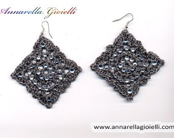 Crochet earrings, silver, black, handmade, square, strass, golden, thread, cotton, rumble, modern style, #E183