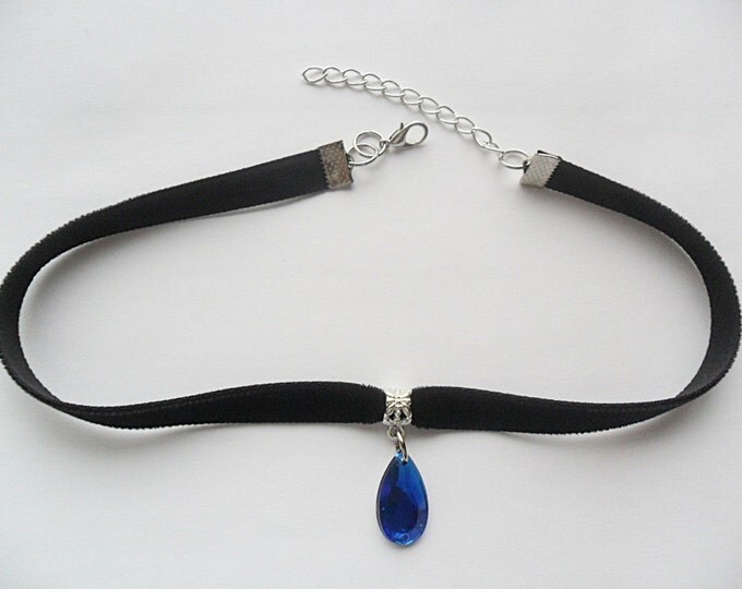 Velvet choker with blue teardrop pendant Black Ribbon Choker Necklace (pick your neck size )