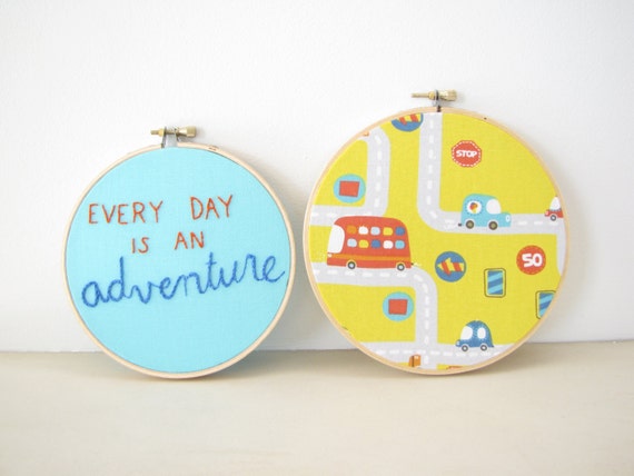 Embroidery Hoop Wall Art Set Home Decor -  Every Day is an Adventure kids room boys nursery orange yellow aqua cars inspirational whimsical