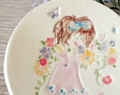 Flower Girl Plate Ceramic Colorful Flower Bouquet Ring Dish Pink Dress Girl Pottery Plate Mother Gift Pastel Ring Holder