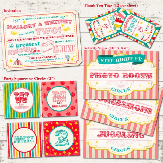 Circus Birthday Party Pack - Vintage Inspired Carnival / Retro Circus - Custom, Digital, Printable - Pinks, Golds and Turquoise Il_570xn