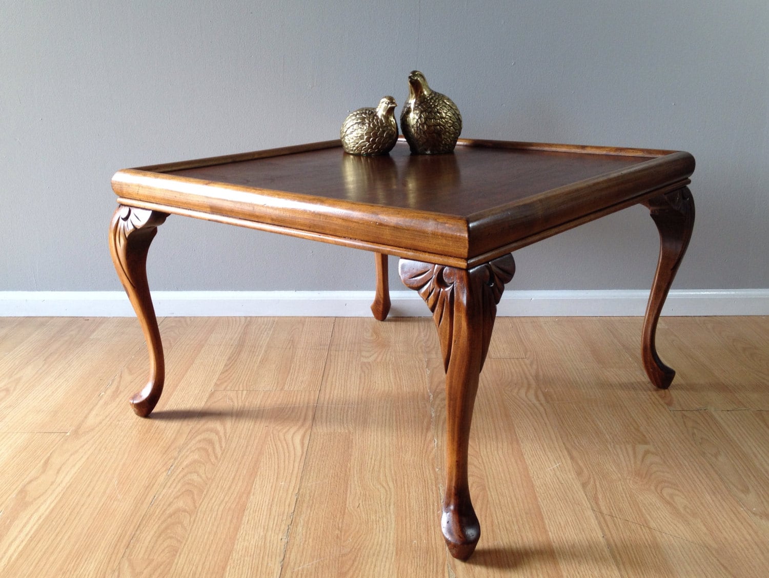 vintage square coffee table with carved cabriole legs. retro furniture