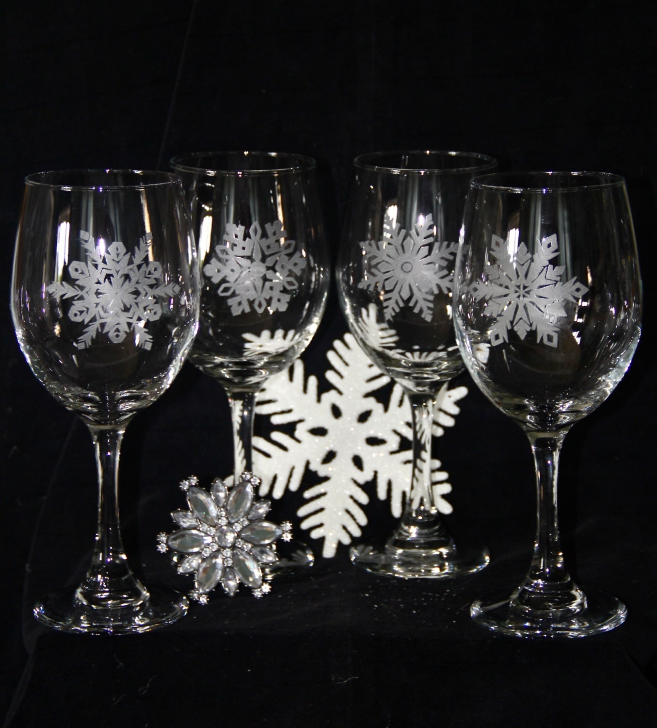 Hand etched snowflake wine glasses