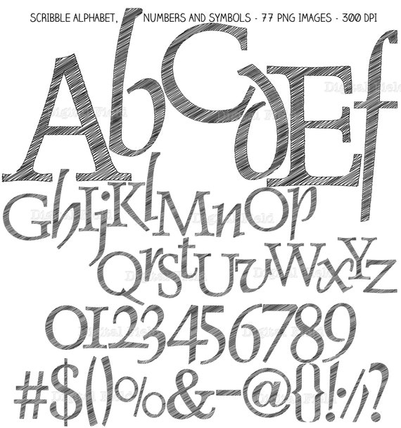 Scribble alphabet clip art set printable digital letters and