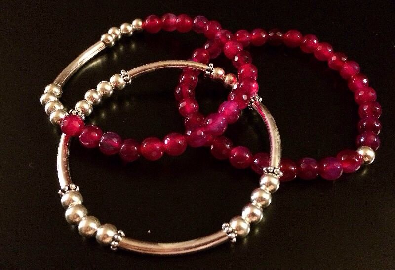 Hot Pink and Sterling Silver Beaded Bracelet Faceted Pink