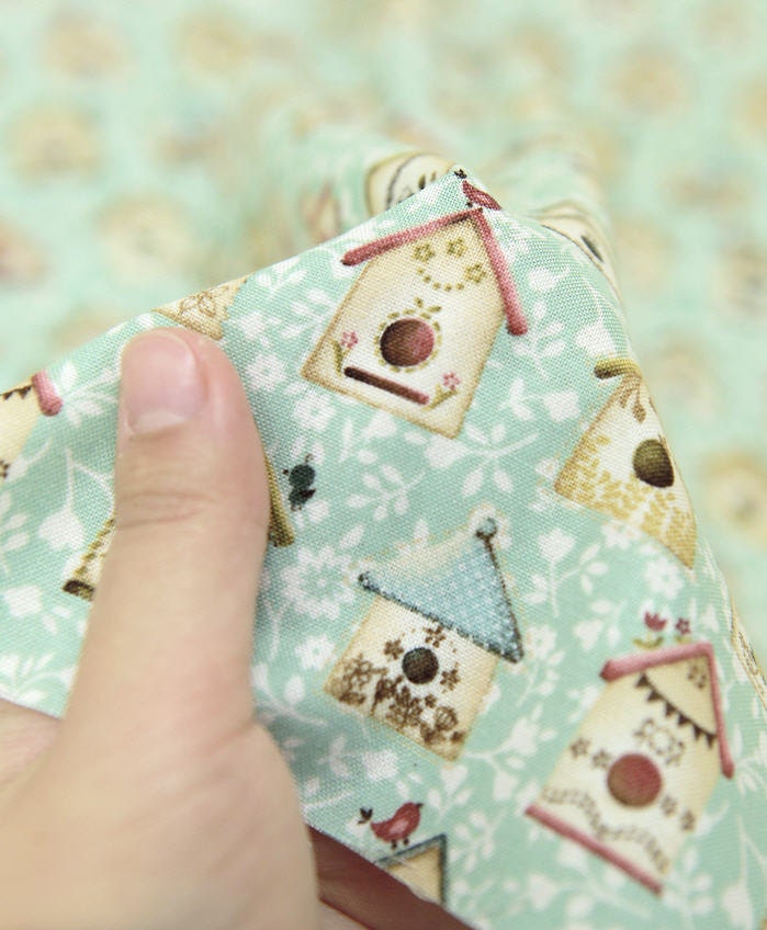 Cotton Fabric Bird House Mint By the Yard 45121