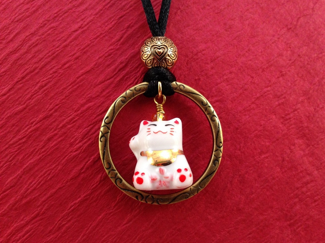 Lucky Cat charm necklace with satin cord by TahaniDesigns on Etsy
