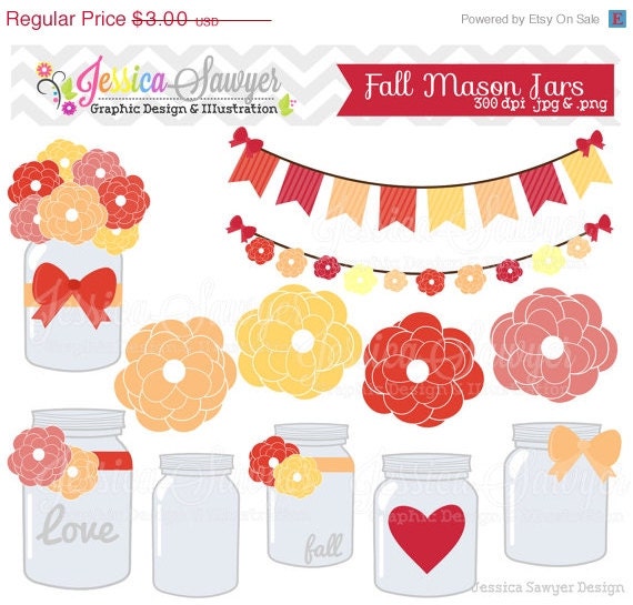 50% OFF - INSTANT DOWNLOAD, fall mason jar clipart - vintage wedding - bunting banner - patterned - commercial use - flower - digital elemen Il_570xn