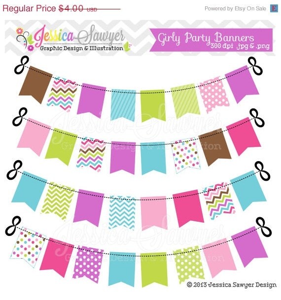 50% OFF - INSTANT DOWNLOAD, girly bunting banners, girls party banner, pink, green, purple, clipart banner, commercial use, invitations, scr Il_570xn