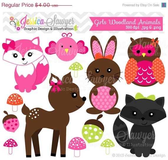 50% OFF - INSTANT DOWNLOAD, girls woodland animals clipart, forest clip art, for personal use, commercial use, party supply, scrapbooking Il_570xn