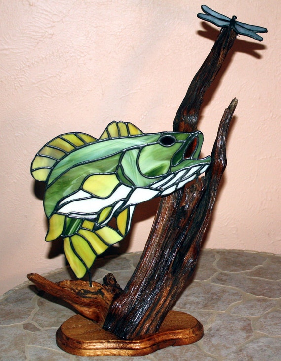Largemouth Bass with Dragonfly Stained Glass Art with Wood