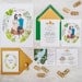Around the World custom wedding invitation, map, thank you card and custom illustrations