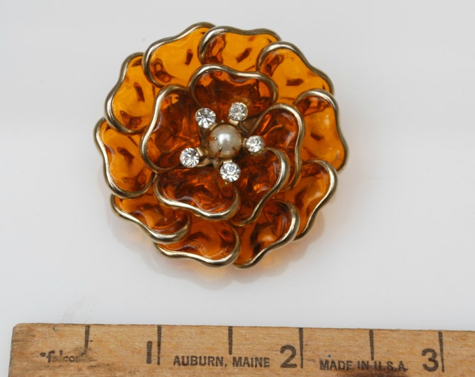 Flower Brooch - Amber Orange Lucite - Rhinestone - Pearl - Floral Pin - Mid Century