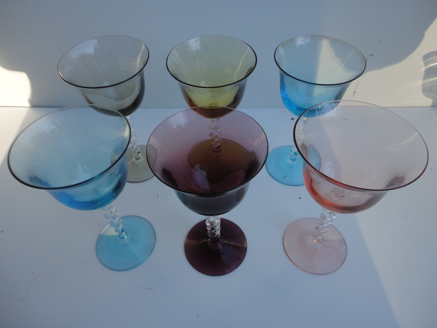 Vintage Multi Colored Spiral Wine Glasses Handcrafted Set Of 6 9346