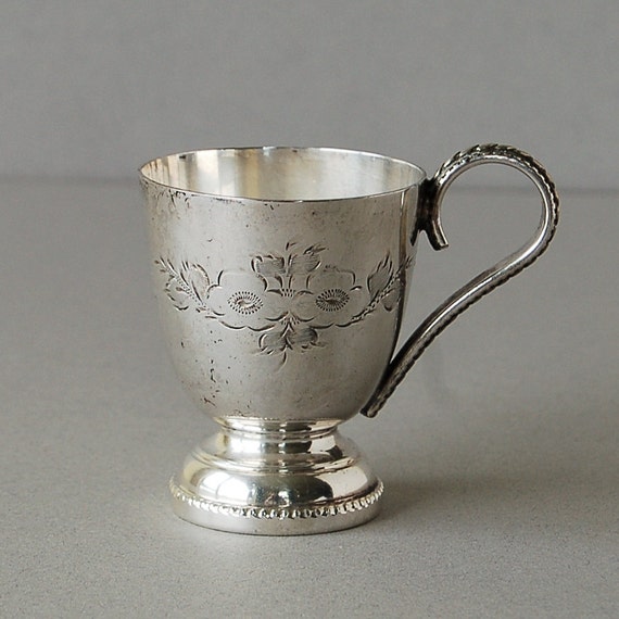 Vintage silver plate baby cup Christening mug Flower engraved