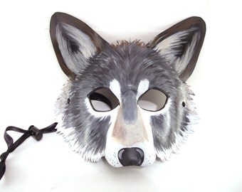 Handmade Leather Timber Wolf Mask with Grays, Browns, whites and blacks