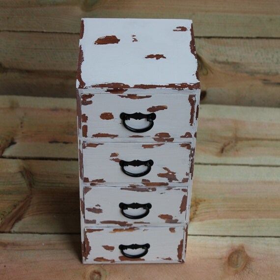 Large Whitewashed Distressed Wood Drawer Jewelry Box Trinket