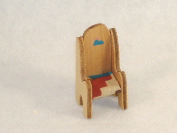 Handpainted Miniature Wood Lodge Chair, Southwest Theme Fabric Seat - Great Accessory for Your Dollhouse, Shadow Box, Knick Knack