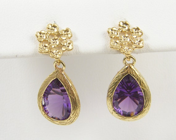 Purple Gold Earrings, Purple Drop Amethyst Gold Flower Dainty Purple Purple Bridesmaid Earrings February Birthstone Faceted Stone Dangle