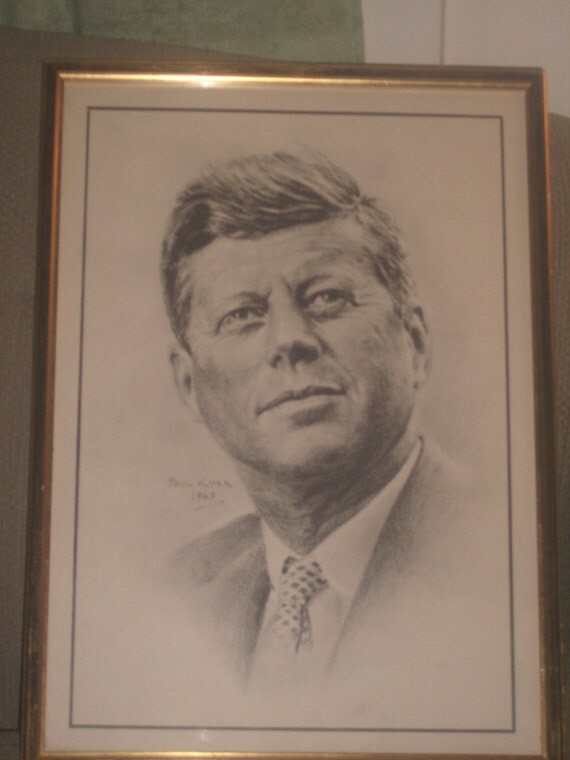 Framed Vintage Pencil Portrait Print Of Jfk Dated 1963 By 