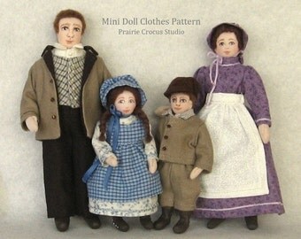Download 1:12 scale doll clothes sewing pattern. Prairie pioneer costumes for one inch scale cloth doll family miniature mannequins.