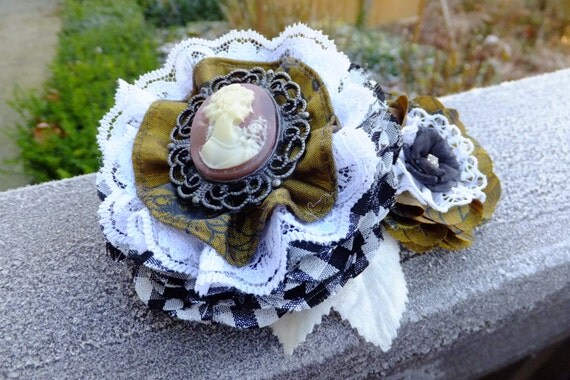Victorian Style, Cameo, Gold and Check, Lace, Barrette, Flower Fabric Hair Clip, Steampunk by MsLolaCreates steampunk buy now online Victorian Style, Cameo, Gold and Check, Lace, Barrette, Flower Fabric Hair Clip, Steampunk by MsLolaCreates steampunk buy now online