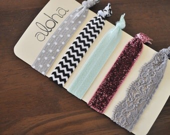 No Crease Hair Ties - Set of 5 Ties - Yoga Hair Ties - chevron - elastic hair tie - glitter hair tie - stocking stuffer