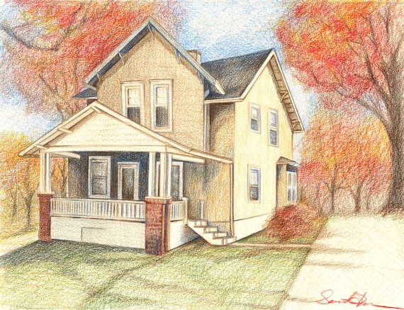 Items similar to House Drawing Colored Pencil Drawing