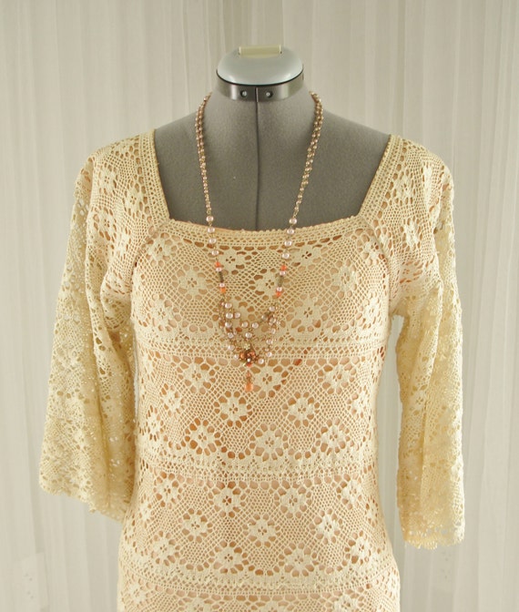 Mod Boho Flower Child Column Maxi Dress in Crocheted Lace