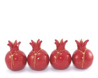 Rosh hashanah gift, table decoration, red pomegranates home decor, prosperity symbol, 4 Polymer clay Pomegranates in red and shiny gold