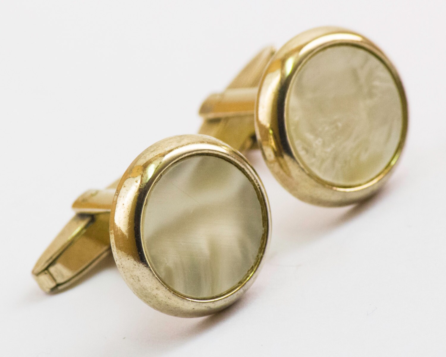 Vintage Cufflinks Mother of Pearl Cuff Links Gold Toned