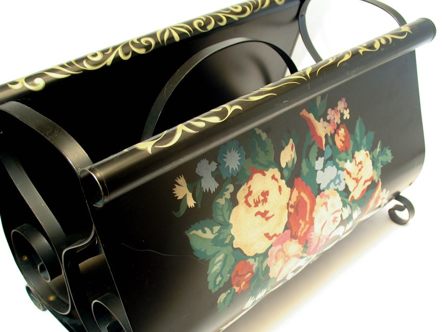 Tole Painted Magazine Rack, Furniture, Vintage Home Decor, Floral, Mid