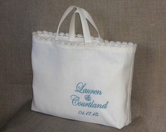 Embroidered linen tote bag with lac e custom made bridal favor bag ...