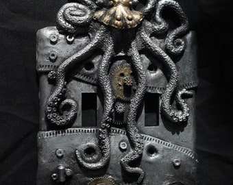 Steampunk Octopus double switch plate. Wall art, sculpture, wall decor, home decor, housewares.
