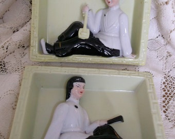 2 Asian Figurines in Window Box Settings Midcentury