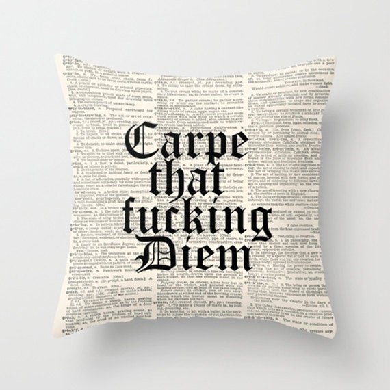 Throw Pillow Cover Dictionary Art Print Carpe That Fucing Diem on a