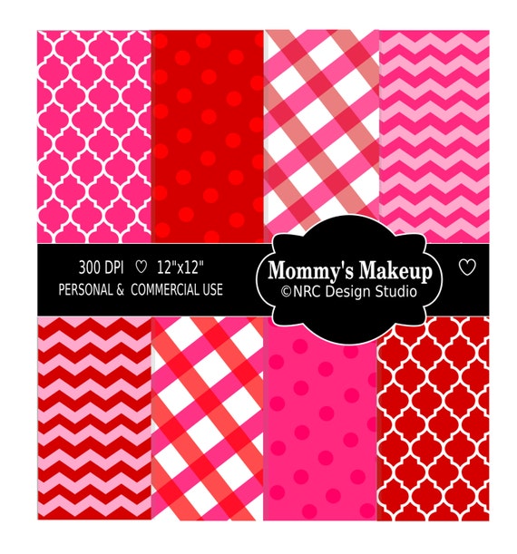 SALE Valentine Digital Papers - Mommy's Makeup Paper Pack - Commercial Use Valentine Paper - Red, Pink, Polka Dots, Plaid, Chevron Il_570xn